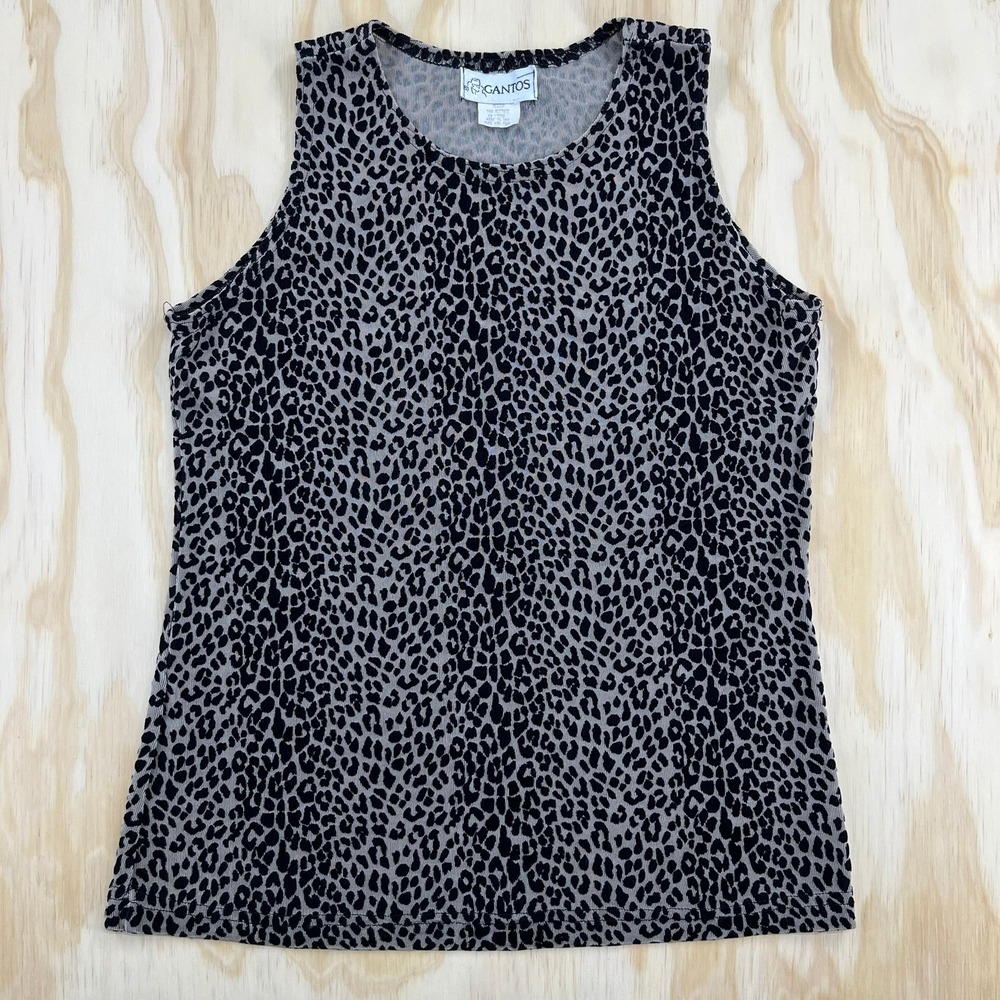 Gantos Vintage Womens Medium Leopard Print Sleeveless Ribbed Tank Top Grey Black